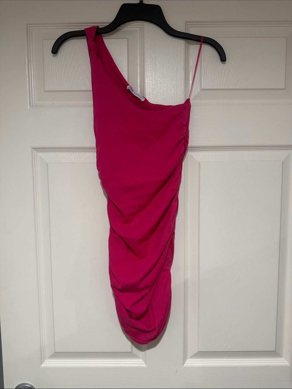 Zara One-Shoulder Ruched Dress - pink, sz small . Soft Cotton & body con fit